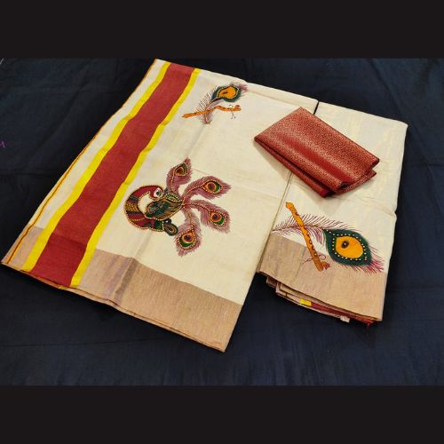 Set Mundu - Tissue Material with Art Work - Hand Work[ CODE - T0218]